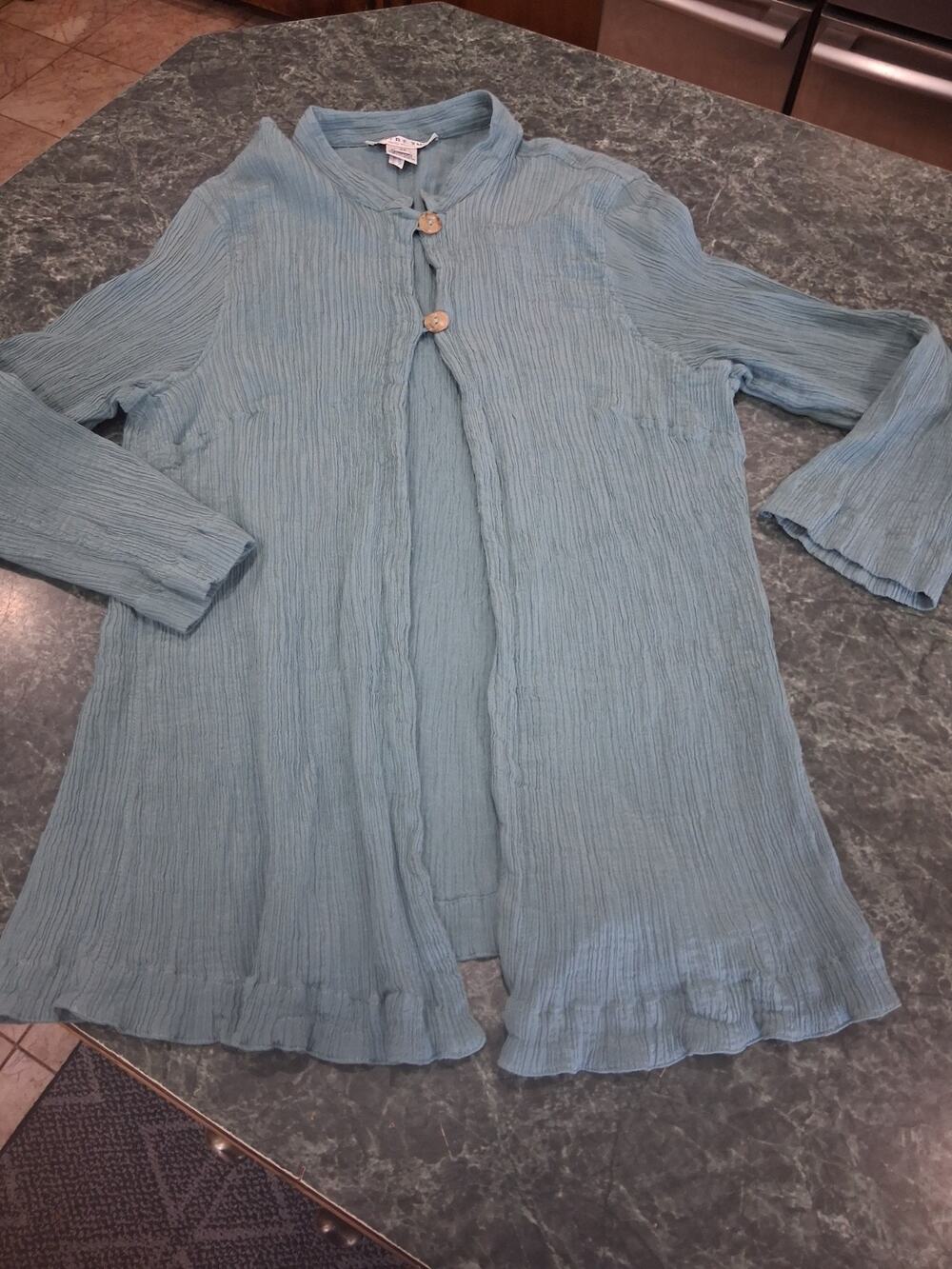 Citron Santa Monica Pleated Silk Kimono Cardigan 2 Button Manadrin Open Front